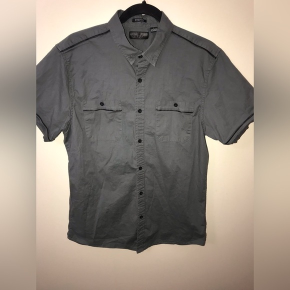 STEVE’S Jeans Mens Cotton Gray Military Style Short Sleeve Button Down Shirt L - Picture 3 of 11